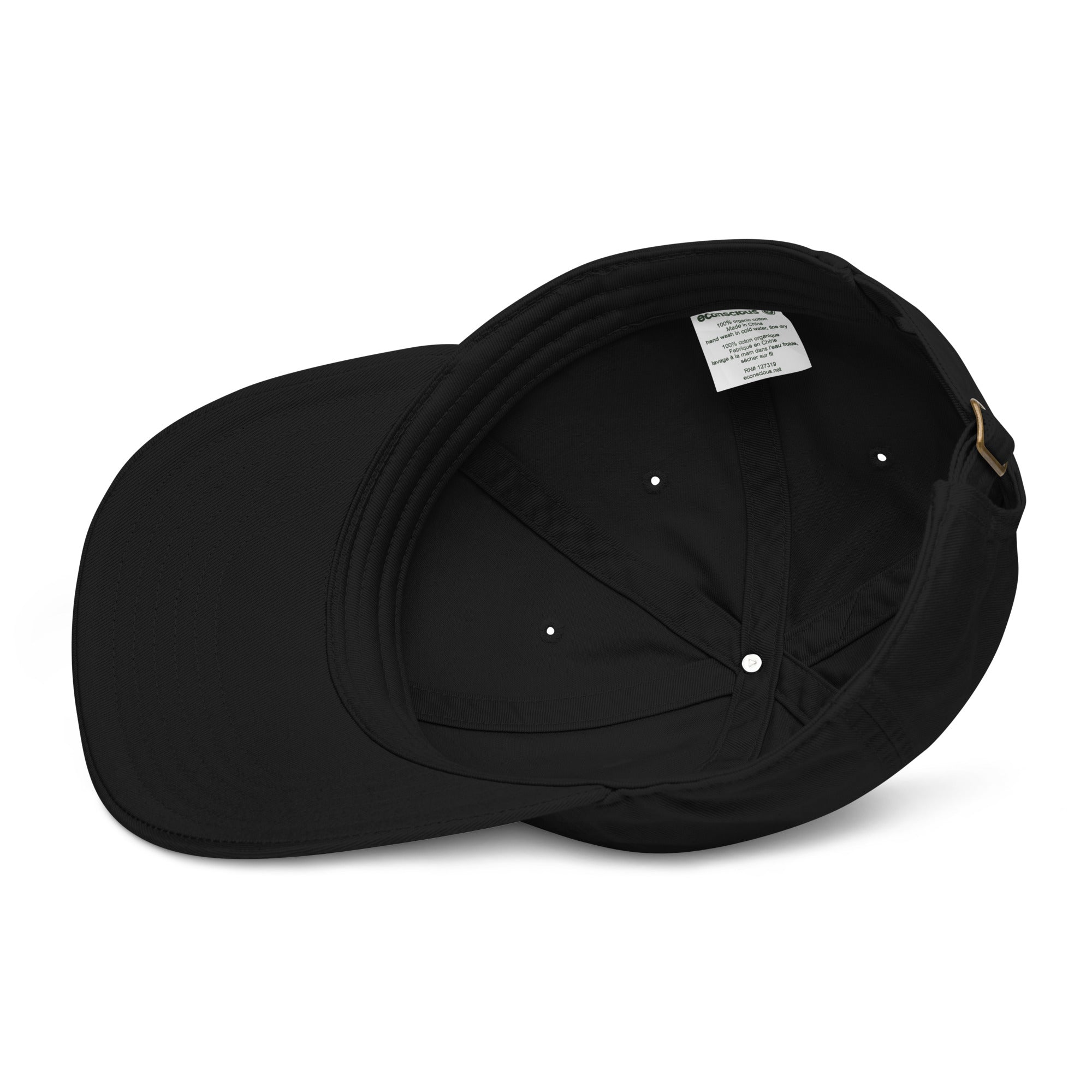 Side view of organic dad hat showing unstructured 6-panel design and eco-friendly cotton material