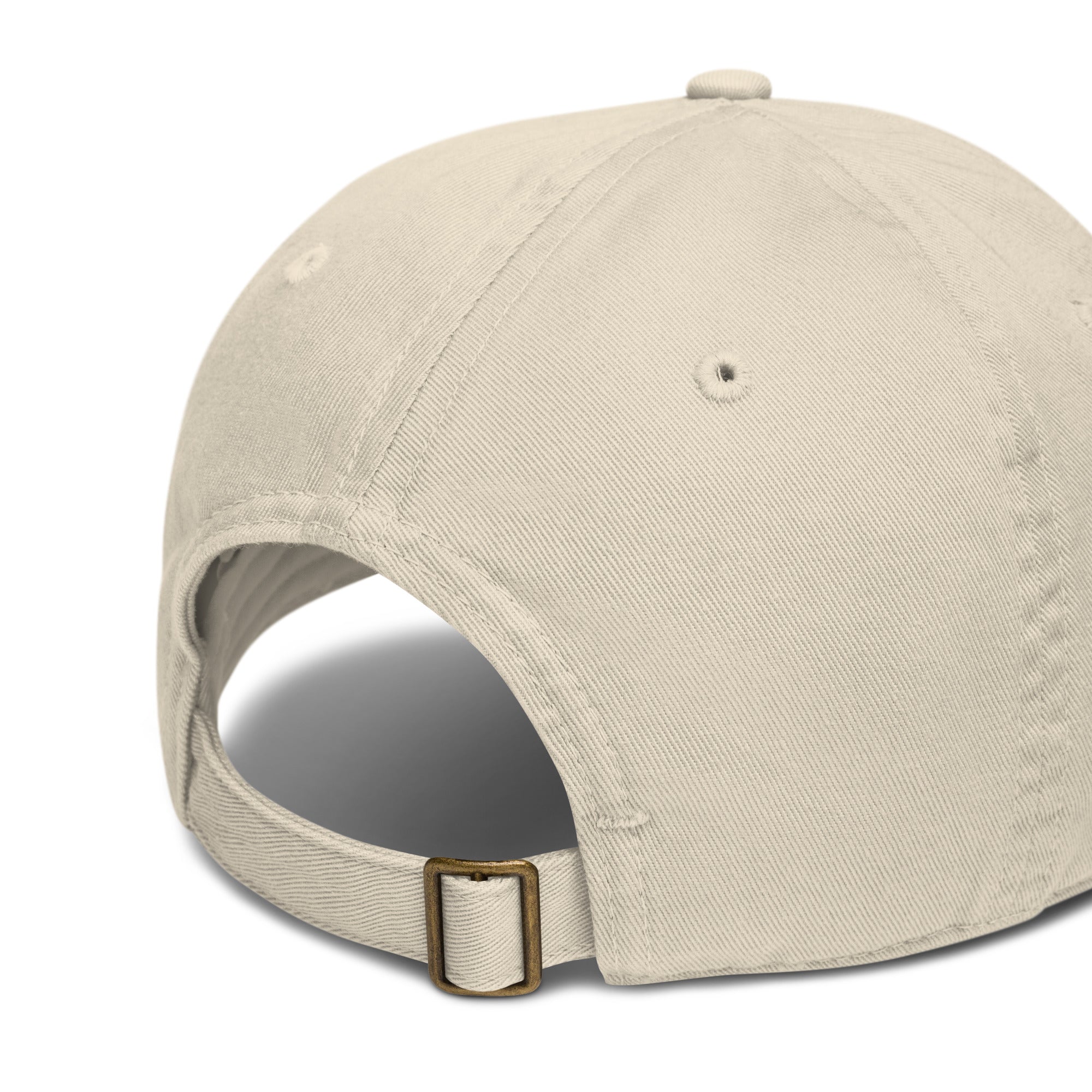 Back view of organic cotton dad hat with adjustable self-fabric closure and brass slider