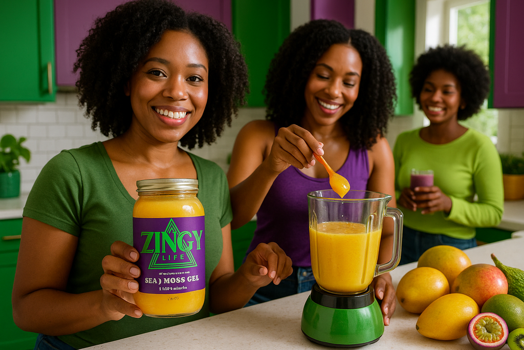 Black women using Zingy Life Juicy Mango Sea Moss Gel with brand colors