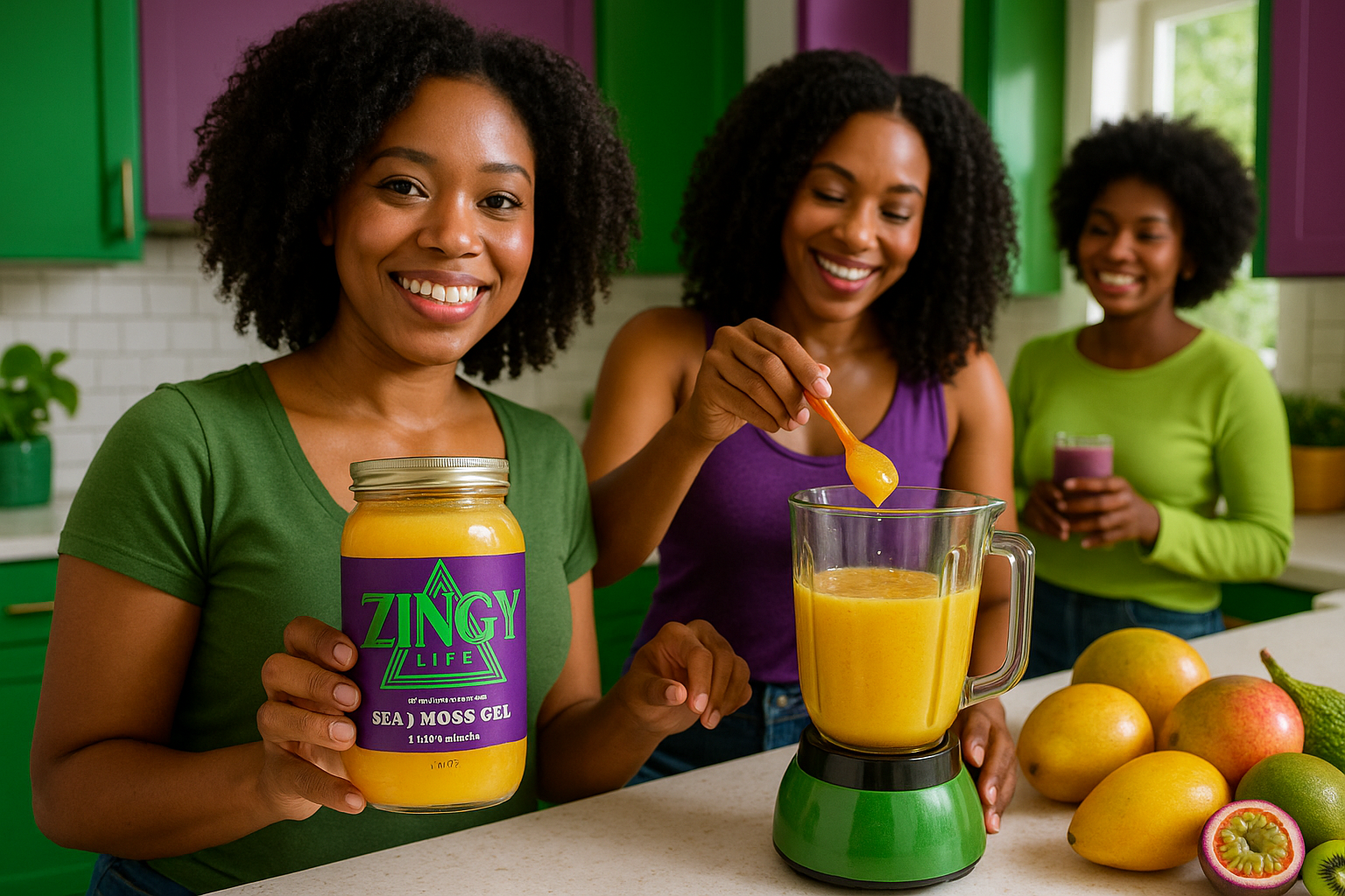 Black women using Zingy Life Juicy Mango Sea Moss Gel with brand colors