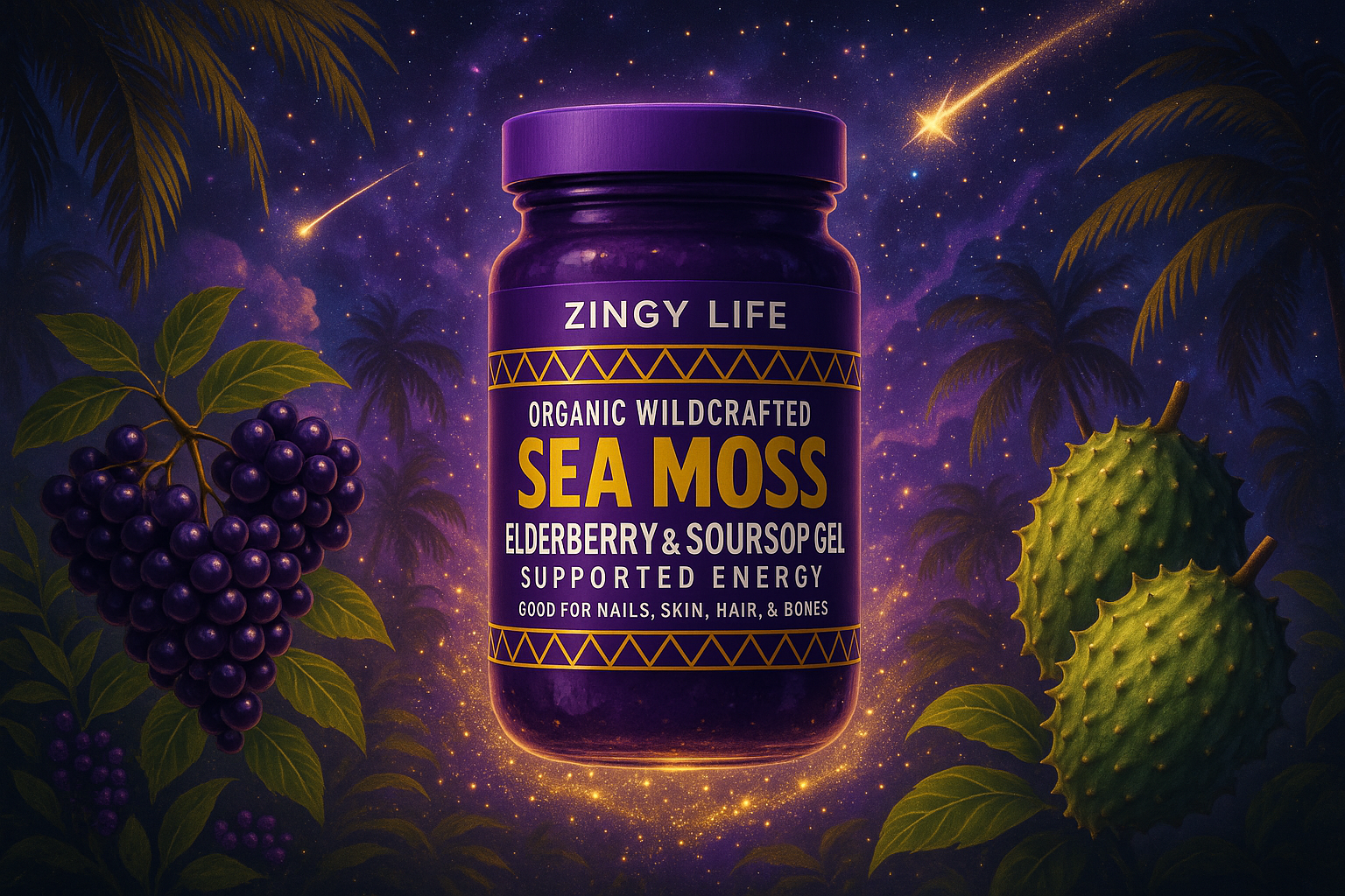 Cosmic tropical scene with Zingy Life Sea Moss gel surrounded by elderberry, soursop, and shooting star magic