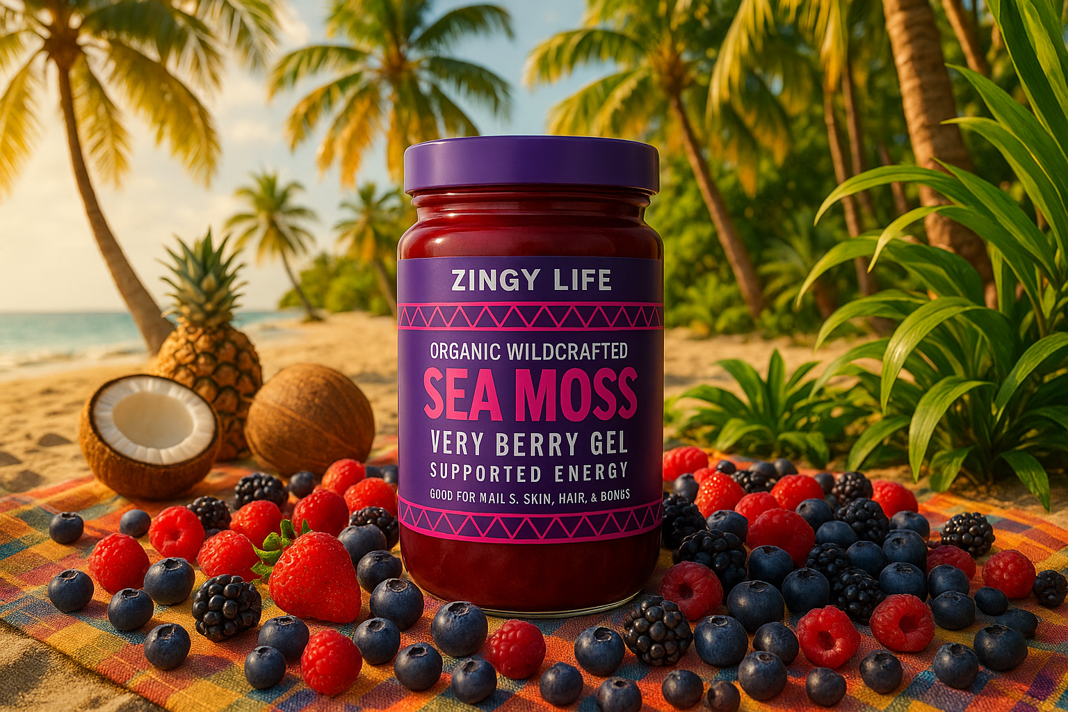 Tropical picnic scene with Zingy Life Sea Moss Very Berry Gel surrounded by fresh berries
