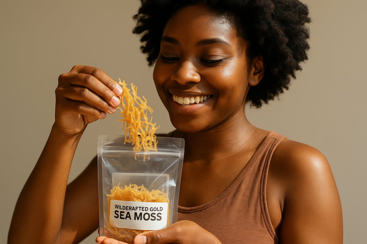 Woman pulling out raw wildcrafted sea moss from bag
