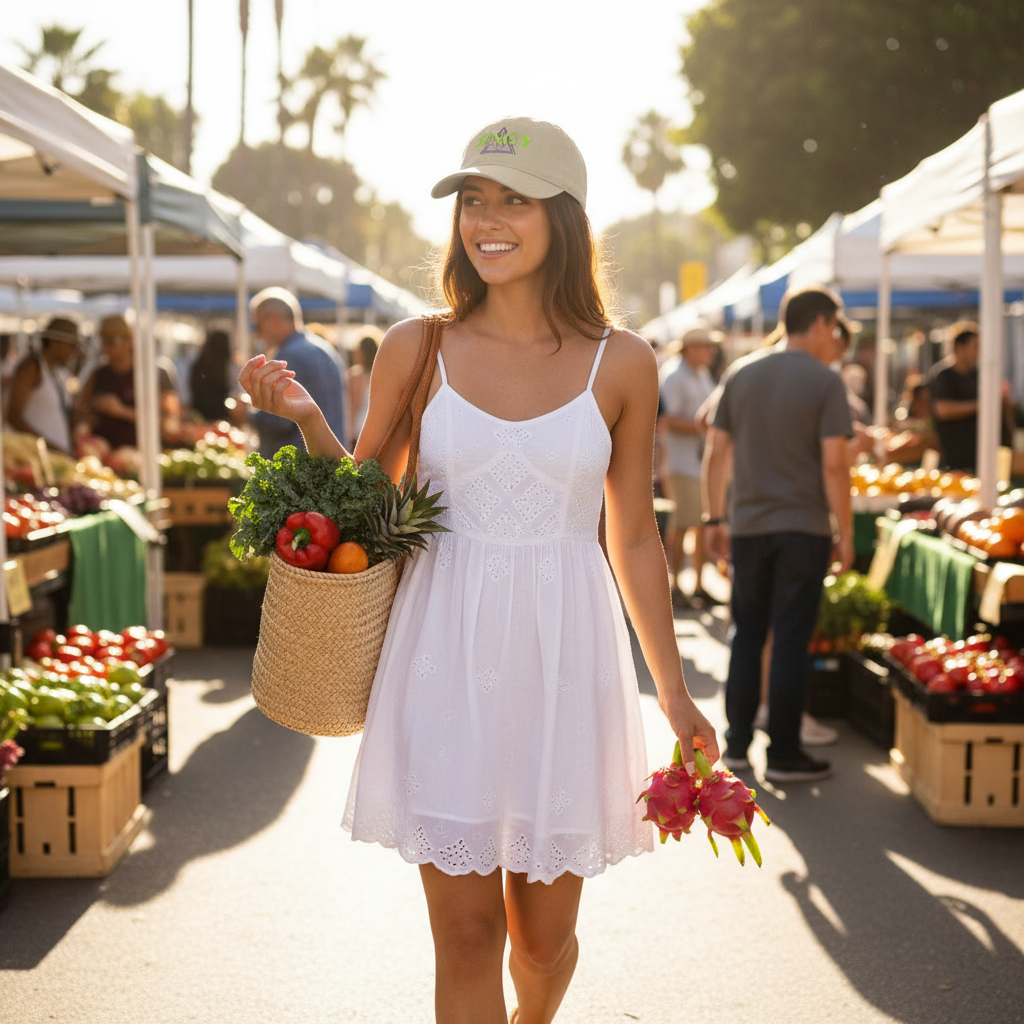 Woman wearing dad hat at farmer's market