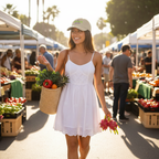 Woman wearing dad hat at farmer's market