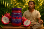 Zingy Life Sea Moss Dragon Fruit Gel in tropical scene with St. Lucian man meditating