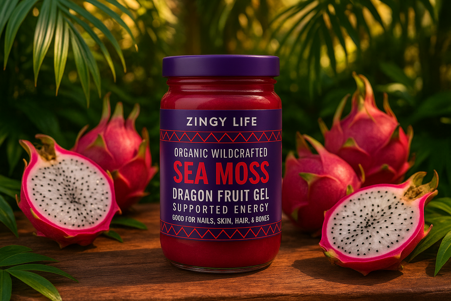 Zingy Life Sea Moss Dragon Fruit Gel in tropical scene