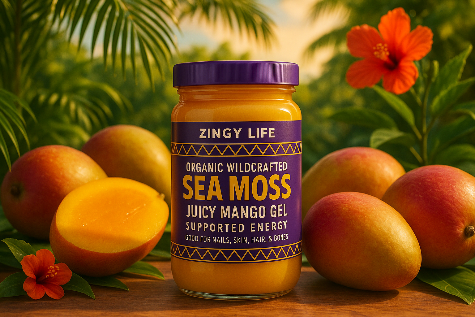 Zingy Life Sea Moss Gel in tropical mango scene
