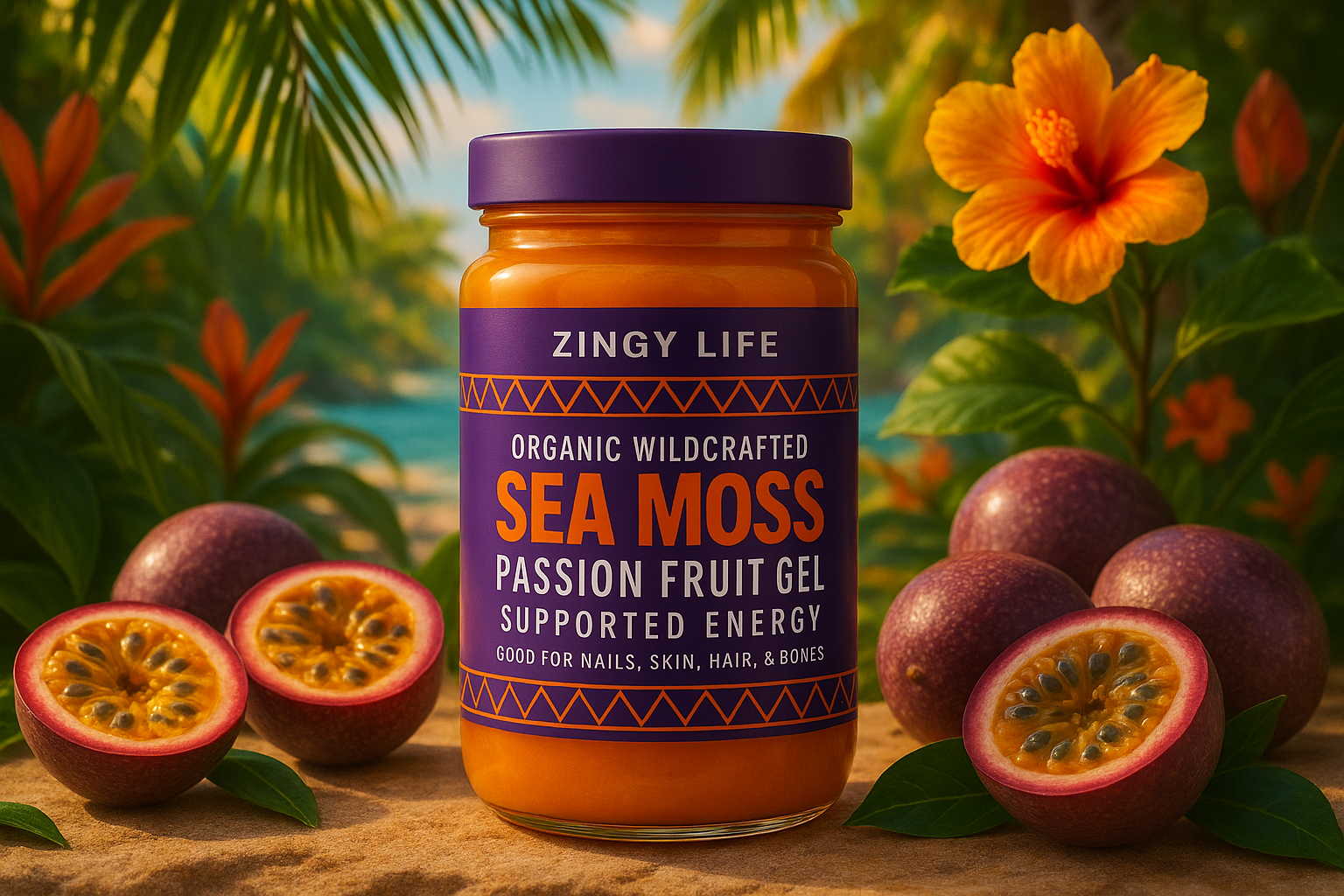 Zingy Life Sea Moss Gel in tropical passion fruit scene
