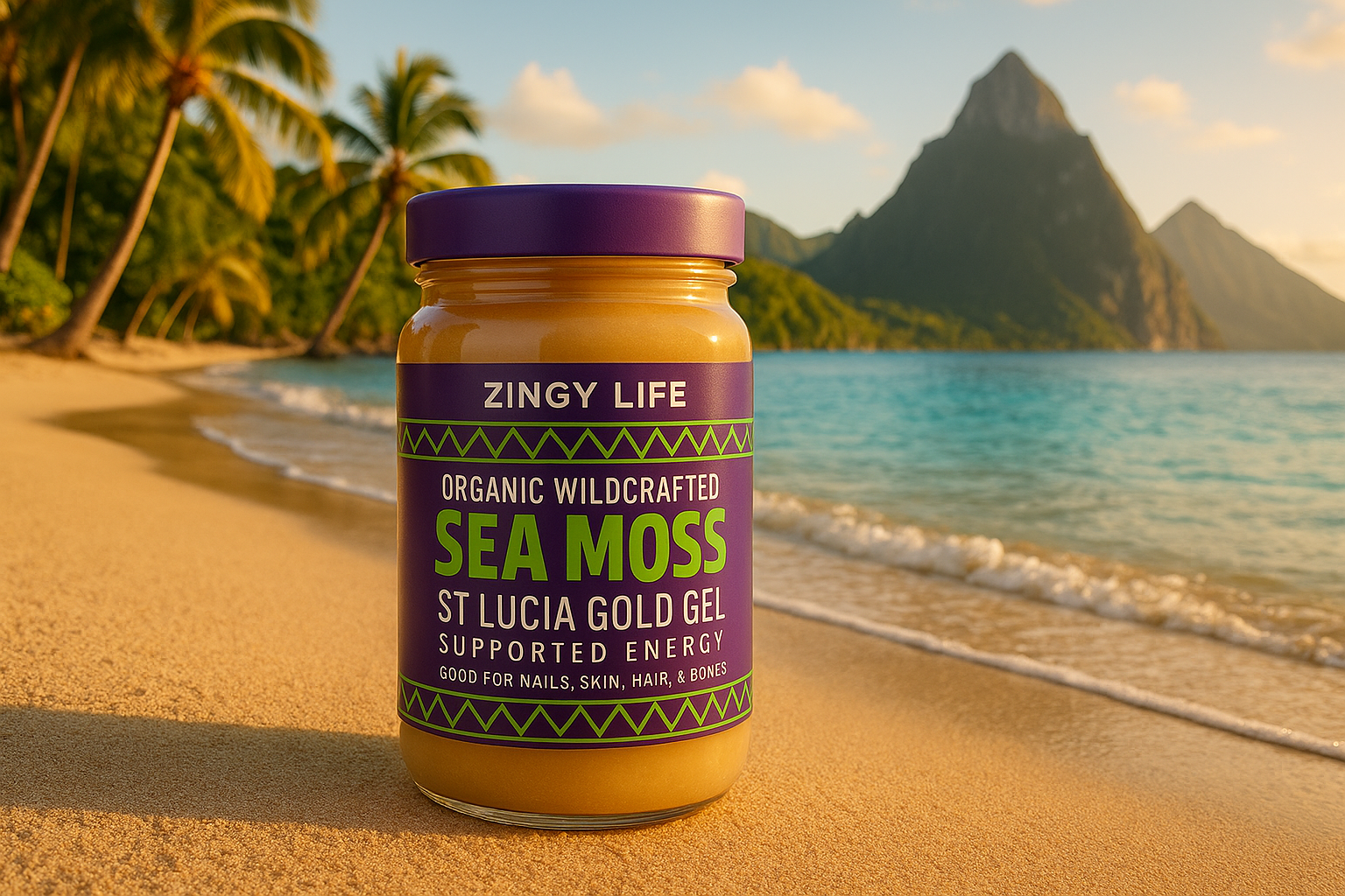 Zingy Life Sea Moss Gel on St. Lucia Beach