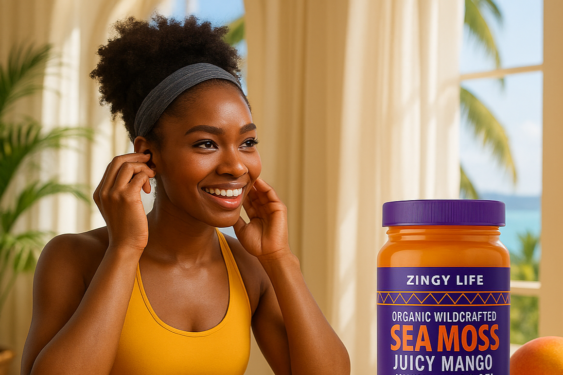 Zingy Life Sea Moss Gel with St. Lucian woman preparing for workout