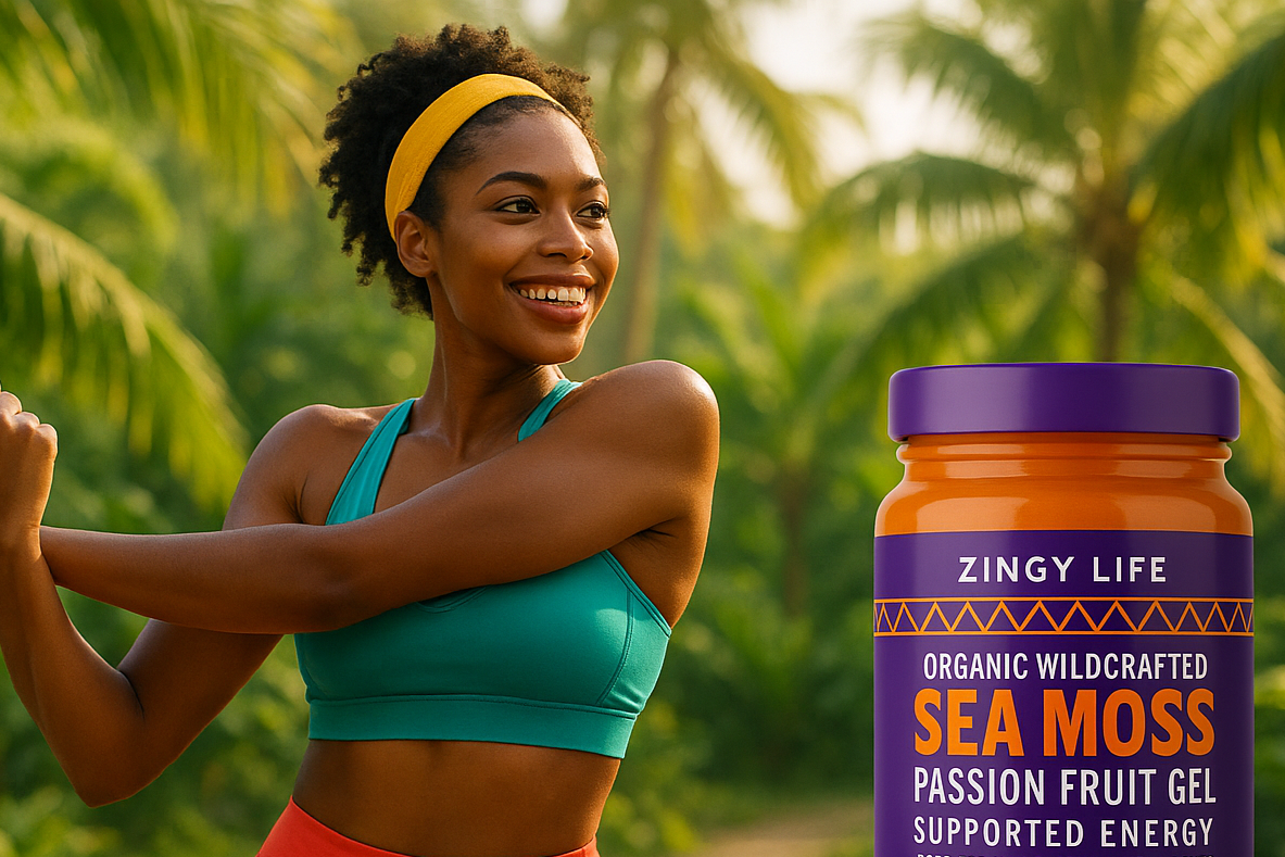 Zingy Life Sea Moss Gel with St. Lucian woman workout scene