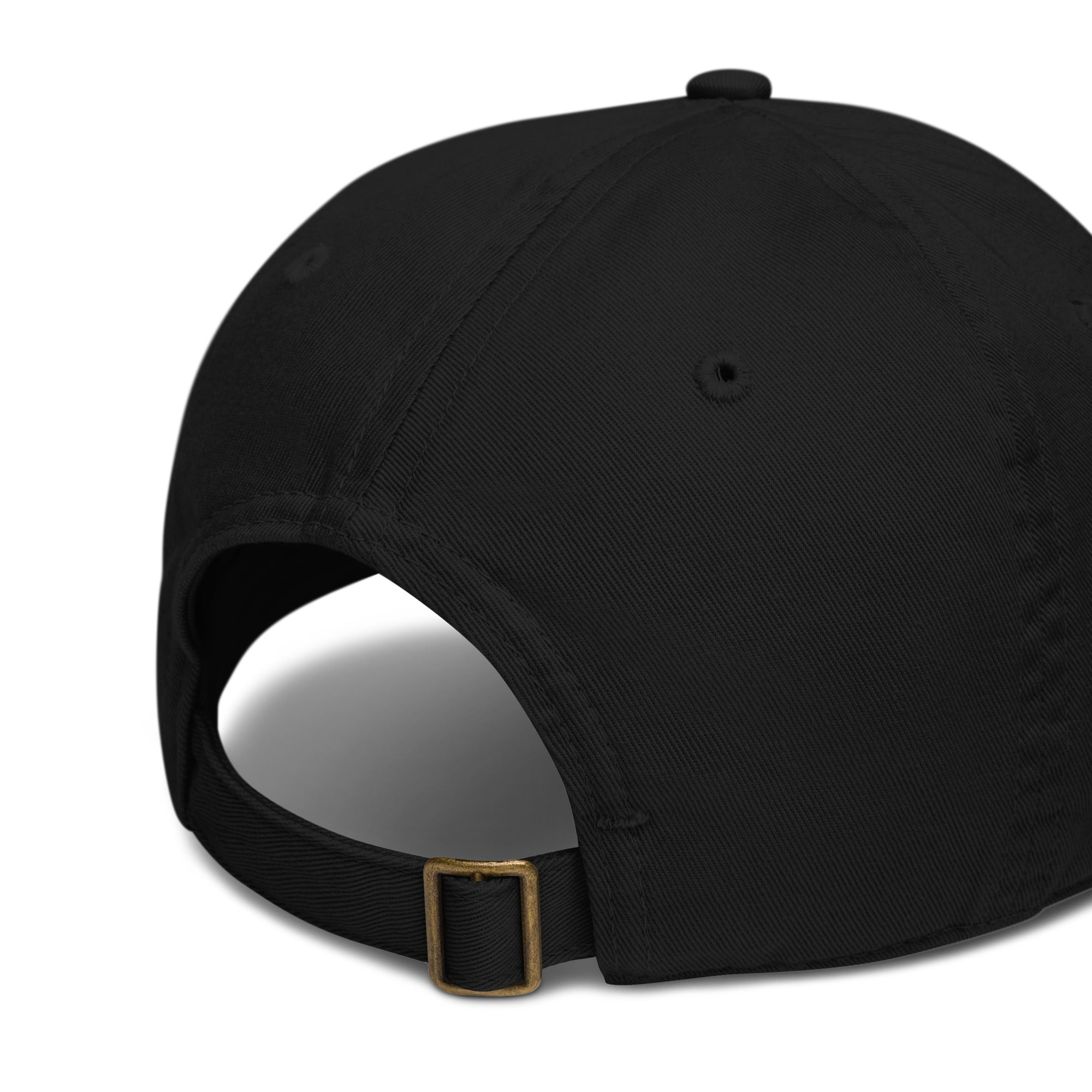 Back view of organic cotton dad hat with adjustable self-fabric closure and brass slider