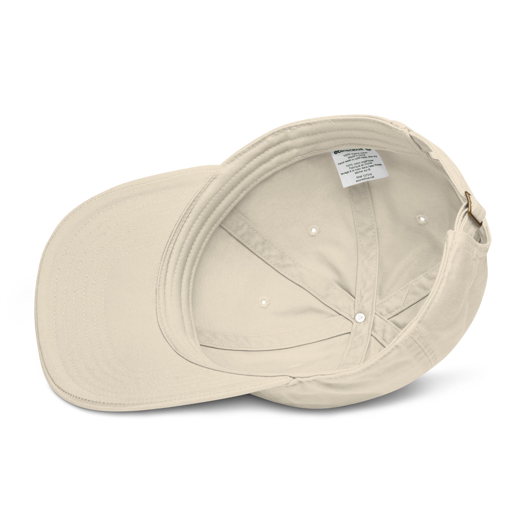 Side view of organic dad hat showing unstructured 6-panel design and eco-friendly cotton material
